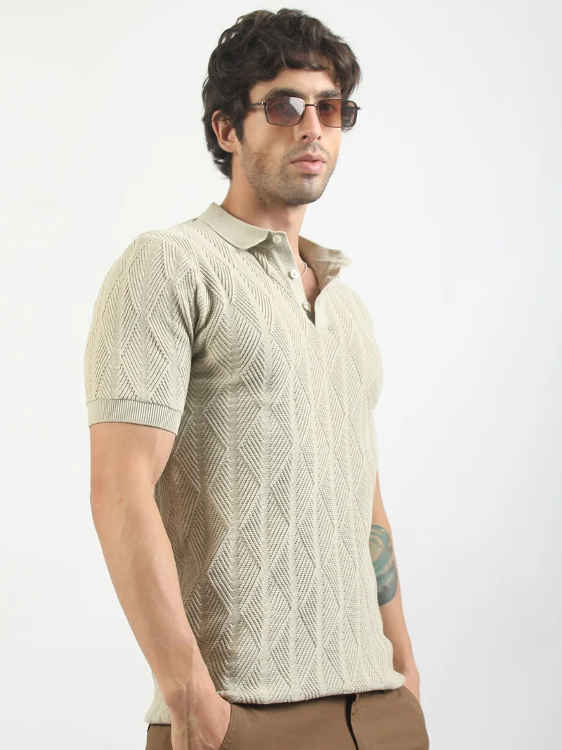 مانياك Maniac Mens Textured Polo Neck Half Sleeve Half Zipper White and Brown Cotton T-Shirt