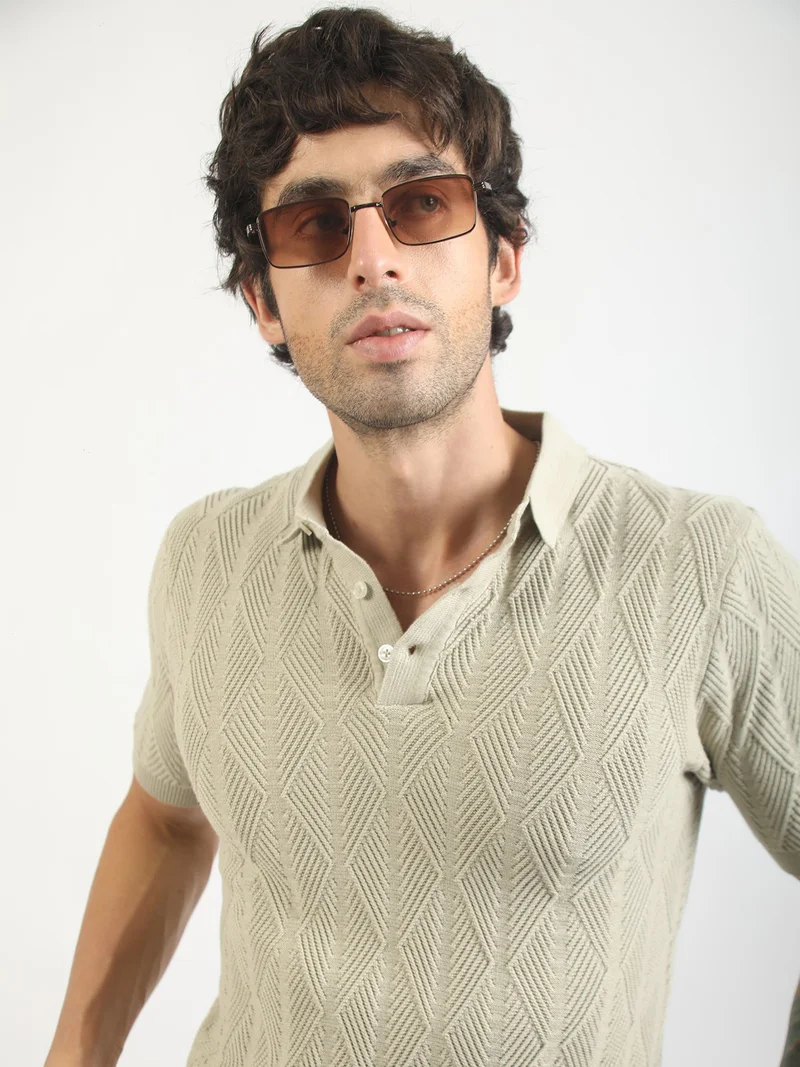 Maniac  Maniac Mens textured polo neck half sleeve half zipper white and brown cotton t-shirt for Men | Best Price UAE