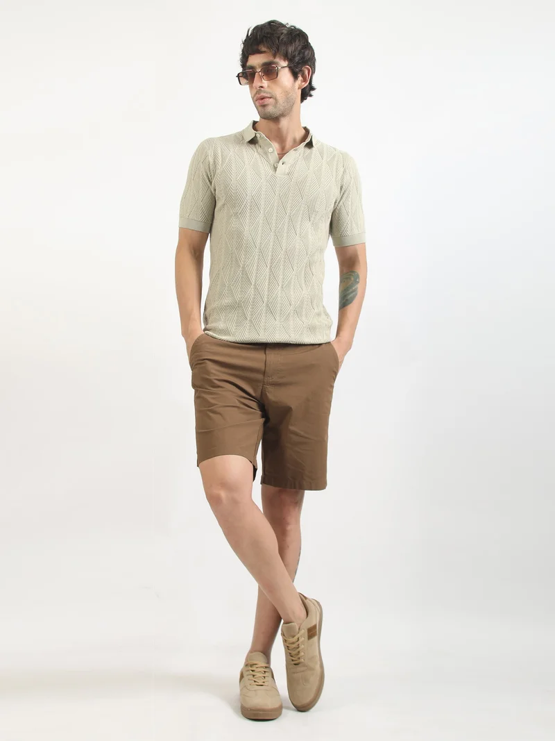 Maniac  Maniac Mens textured polo neck half sleeve half zipper white and brown cotton t-shirt for Men | Best Price UAE