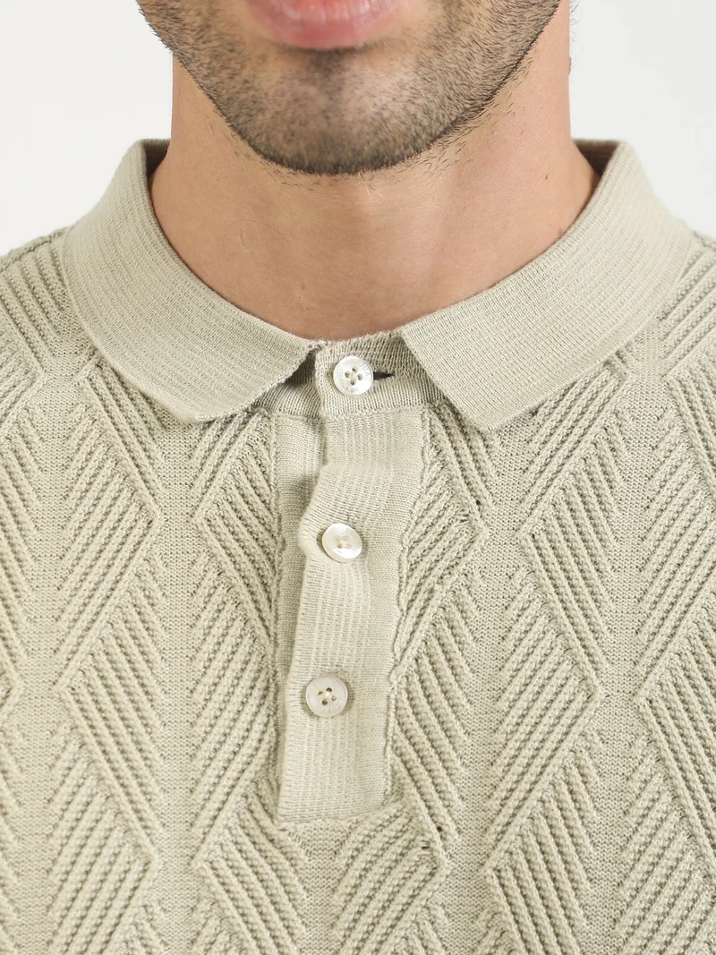 Maniac  Maniac Mens textured polo neck half sleeve half zipper white and brown cotton t-shirt for Men | Best Price UAE