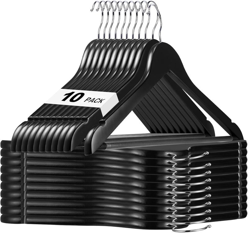 HOUSE DAY Black Wooden Hangers 10 Pack - Smooth Finish Coat Hangers for Closet, Heavy Duty Solid Wood Suit Hangers for Clothes, Jacket, Shirt, Tank Top, Dress - Image 1