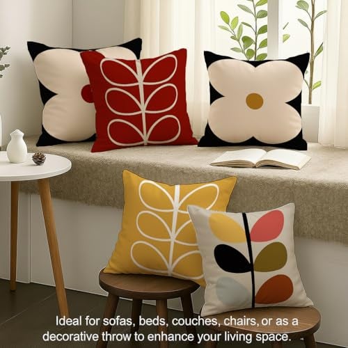 STITCHNEST Set of 5 Polycotton Cushion Covers – 16x16 Inches – Modern Retro Floral & Leaf Print in Mustard, Black & Red – Bold Decorative Cushion Covers for Sofa & Living Room | Perfect for Home Decor - Image 3