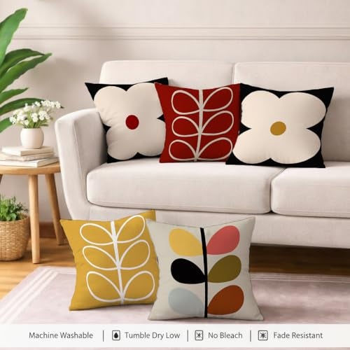 STITCHNEST Set of 5 Polycotton Cushion Covers – 16x16 Inches – Modern Retro Floral & Leaf Print in Mustard, Black & Red – Bold Decorative Cushion Covers for Sofa & Living Room | Perfect for Home Decor - Image 5