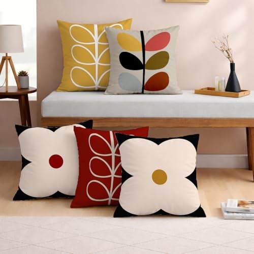 STITCHNEST Set of 5 Polycotton Cushion Covers – 16x16 Inches – Modern Retro Floral & Leaf Print in Mustard, Black & Red – Bold Decorative Cushion Covers for Sofa & Living Room | Perfect for Home Decor - Image 1
