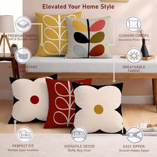 STITCHNEST Set of 5 Polycotton Cushion Covers – 16x16 Inches – Modern Retro Floral & Leaf Print in Mustard, Black & Red – Bold Decorative Cushion Covers for Sofa & Living Room | Perfect for Home Decor - Image 4