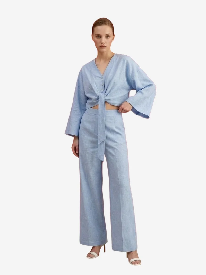 My Fashion Baby Blue MY FASHION Cotton Co-ord Set with Tie Detail for Women | Best Price UAE