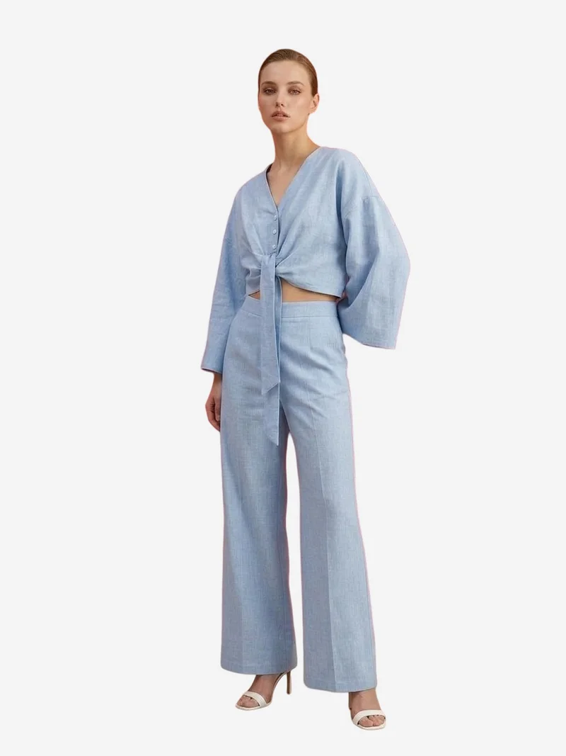 My Fashion Baby Blue MY FASHION Cotton Co-ord Set with Tie Detail for Women | Best Price UAE