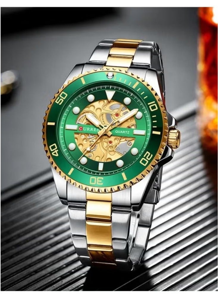 CURREN 8412 Silver/Gold/Green Men’s Watch Two Tone Chain Skeleton Dial Original Brand Stainless Steel Band Wrist Watch - Image 1
