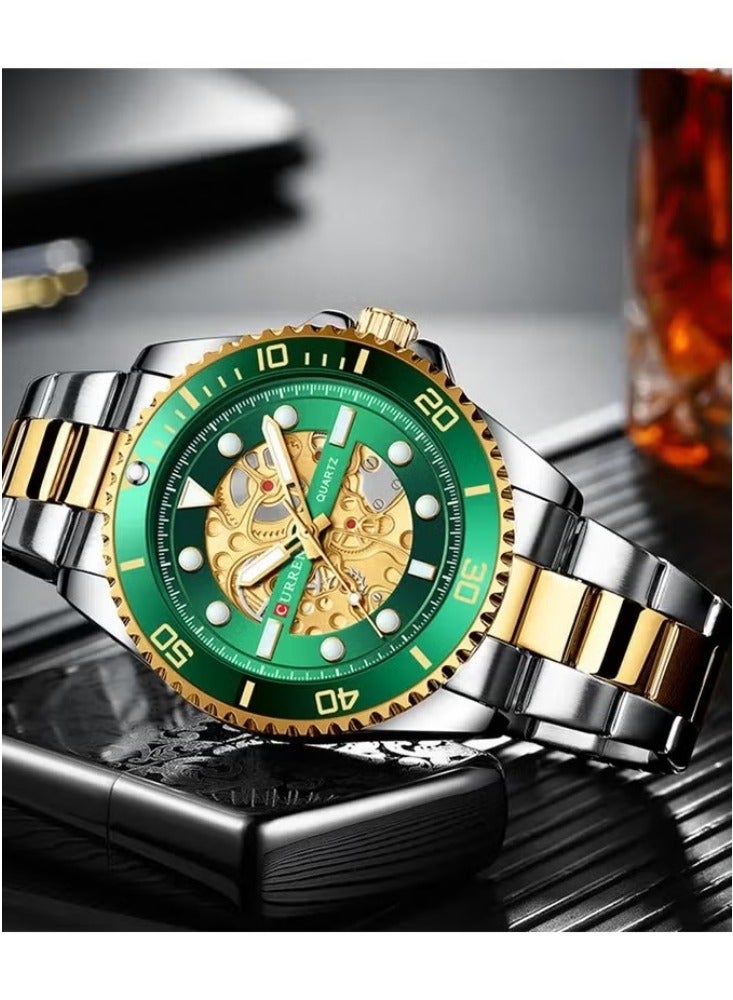 CURREN 8412 Silver/Gold/Green Men’s Watch Two Tone Chain Skeleton Dial Original Brand Stainless Steel Band Wrist Watch - Image 2