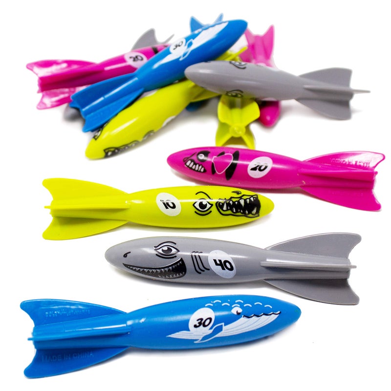 Boley Dive Torpedo Swim Toys - 12 Pack Sinking Pool Toys for Kids - Colorful Shark, Whale, Fish Diving Torpedoes - Summer Water Games, Bath Time Fun, Pool Diving Toy Set - Image 1