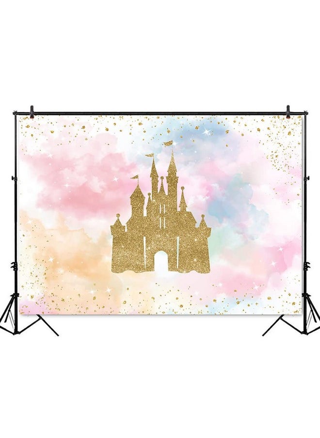 Mocsicka Princess Castle Birthday Backdrop Watercolor Pastel Rainbow Birthday Background Gold Glitter Royal Birthday Party Cake Table Decoration Photo Booth Props (7X5Ft)  - Image 3