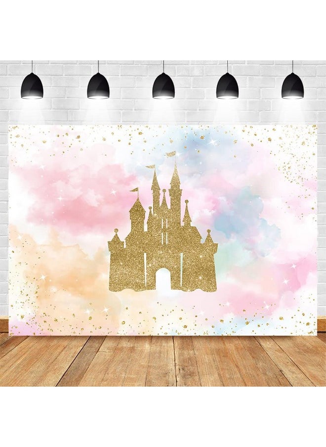 Mocsicka Princess Castle Birthday Backdrop Watercolor Pastel Rainbow Birthday Background Gold Glitter Royal Birthday Party Cake Table Decoration Photo Booth Props (7X5Ft)  - Image 4