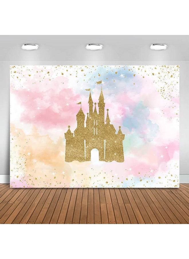 Mocsicka Princess Castle Birthday Backdrop Watercolor Pastel Rainbow Birthday Background Gold Glitter Royal Birthday Party Cake Table Decoration Photo Booth Props (7X5Ft)  - Image 1
