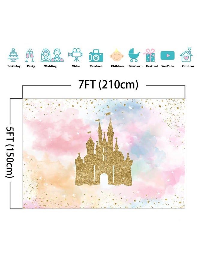 Mocsicka Princess Castle Birthday Backdrop Watercolor Pastel Rainbow Birthday Background Gold Glitter Royal Birthday Party Cake Table Decoration Photo Booth Props (7X5Ft)  - Image 5