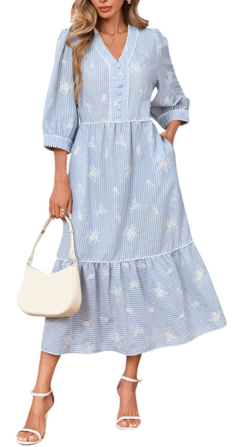 YEXPINE Boho Maxi Dress V Neck Beach Vacation A Line Tiered Long Dress Floral Embroidered Striped Sundress with Pockets Light Blue - Image 2