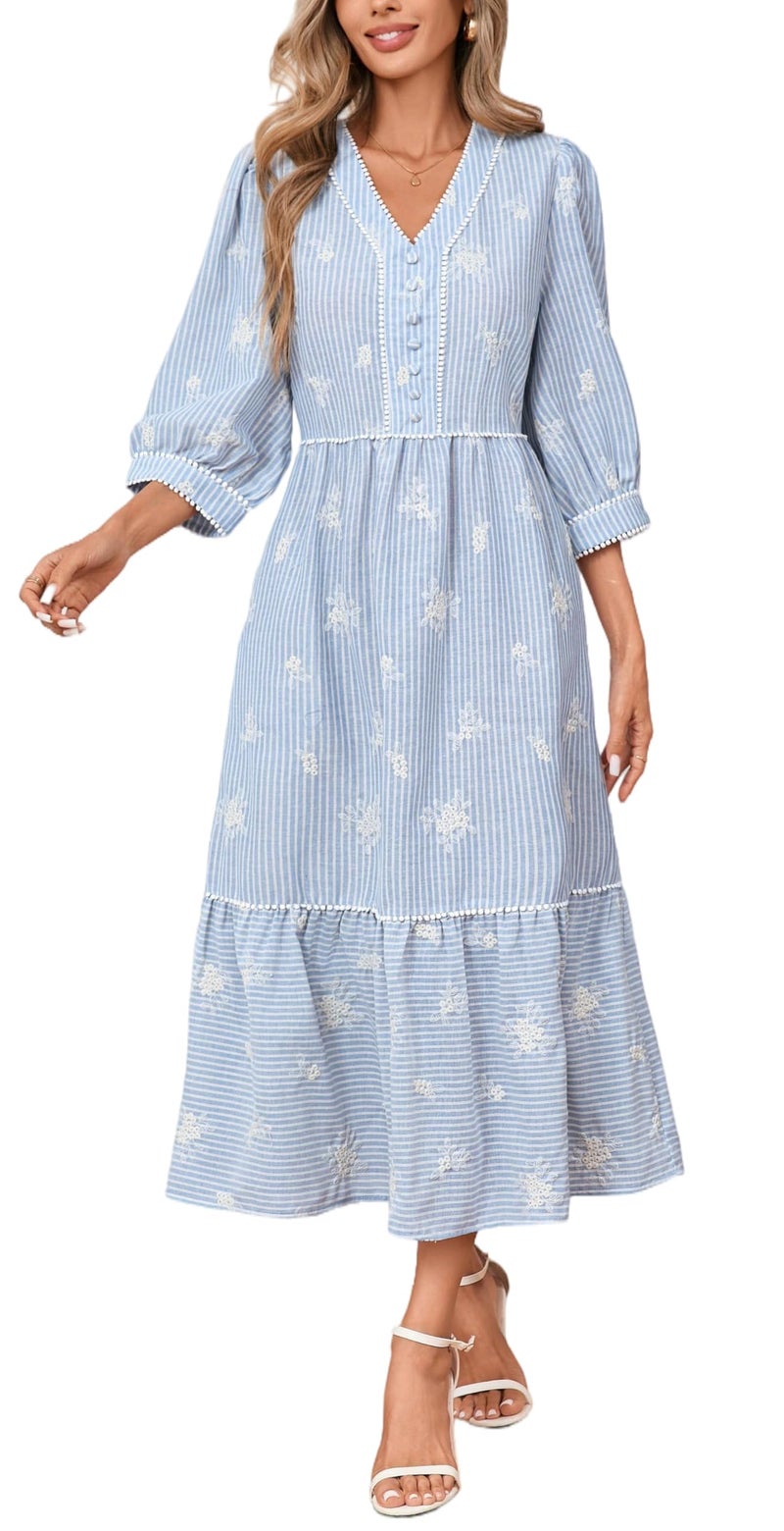 YEXPINE Boho Maxi Dress V Neck Beach Vacation A Line Tiered Long Dress Floral Embroidered Striped Sundress with Pockets Light Blue - Image 1