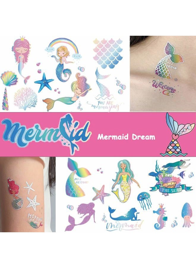 Ooopsi OULANAO Ooopsi Mermaid Party Supplies Temporary Tattoos for Kids - 7 Large Sheet, 100+ Glitter Styles, Mermaid Party Favors and Birthday Decorations for Children Girls - Image 1