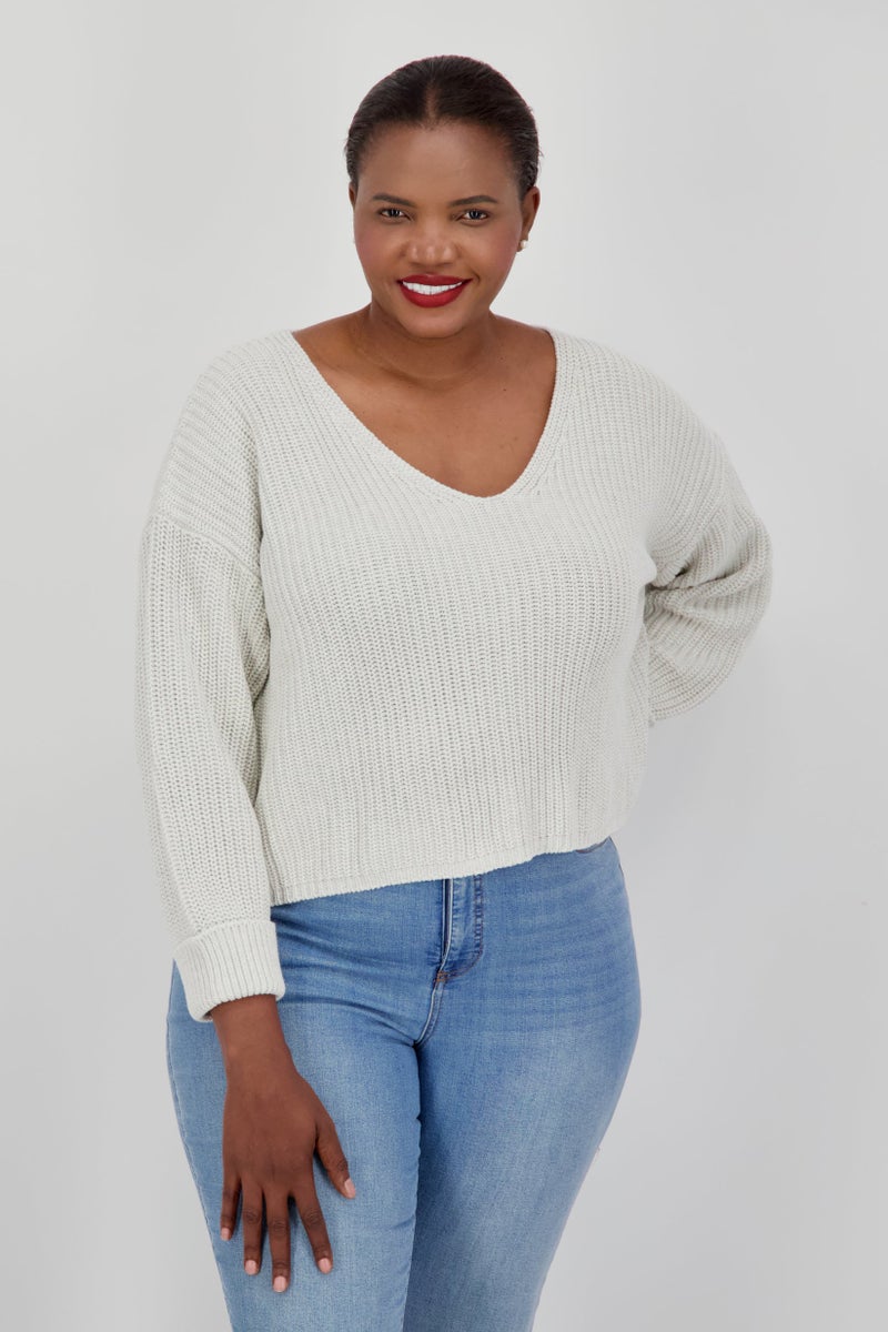 French Connection Women Plus Size V-Neck Knitted Crop  sweater , Light Grey - Image 1