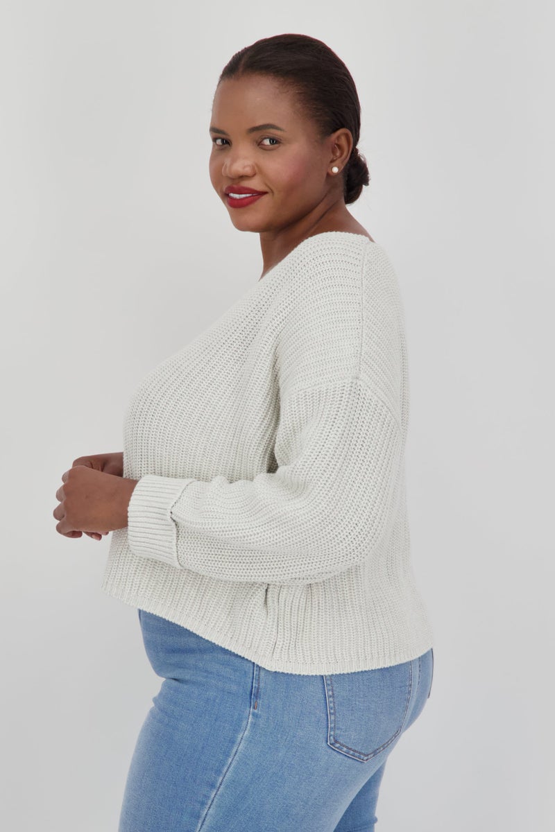 French Connection Women Plus Size V-Neck Knitted Crop  sweater , Light Grey - Image 3