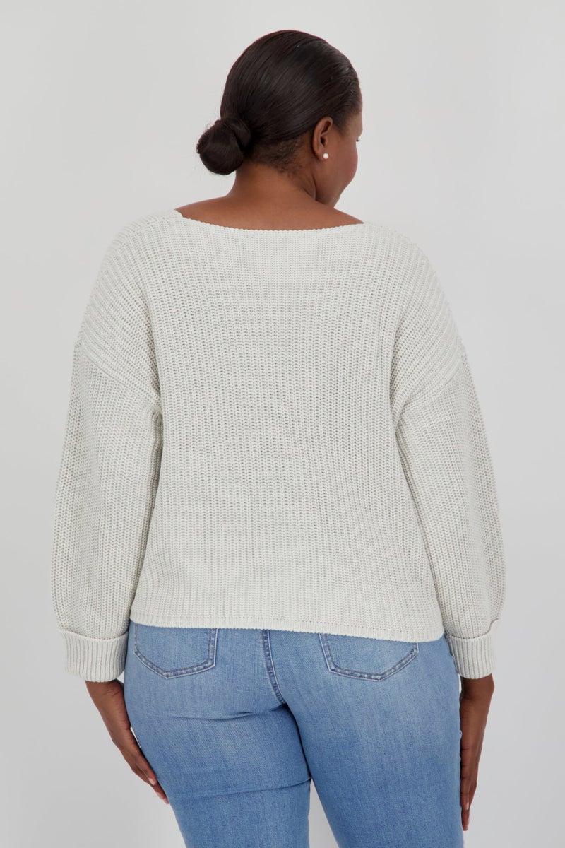 French Connection Women Plus Size V-Neck Knitted Crop  sweater , Light Grey - Image 2