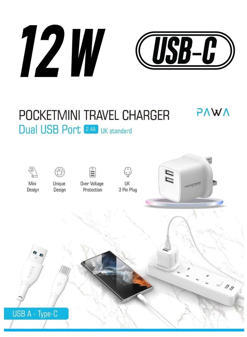 Pawa Dual USB Travel Charger UK With USB-A to TypeC Cable PAWA PocketMini