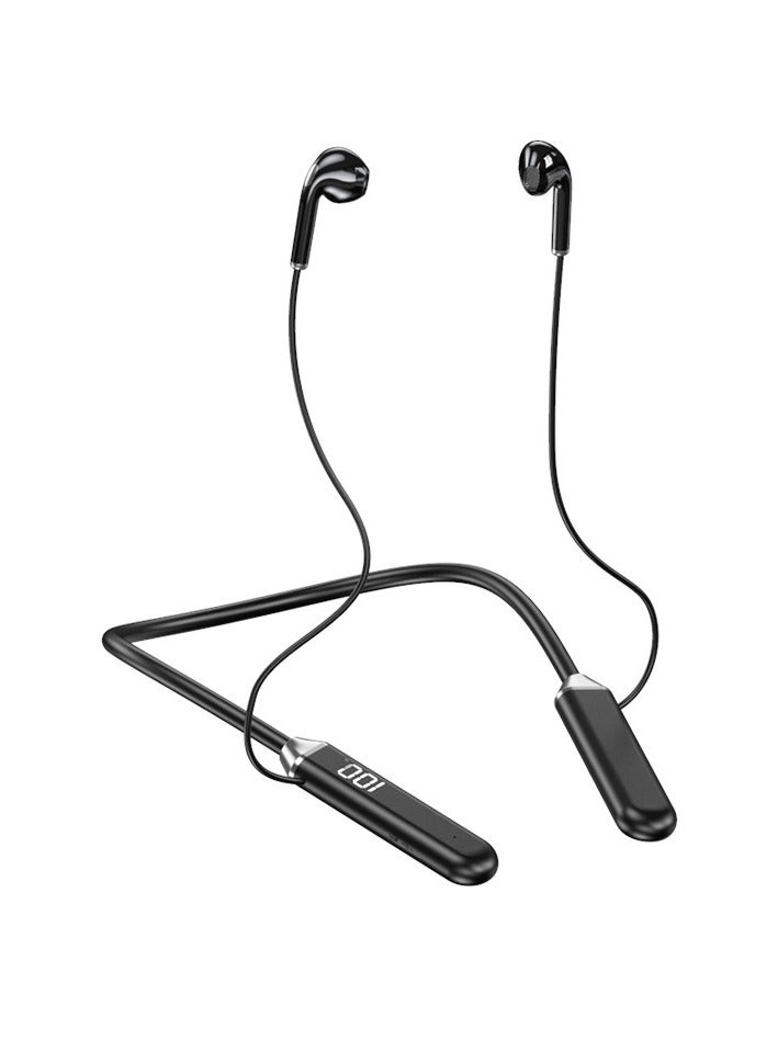 New digital display Bluetooth headset wireless neck-mounted ultra-long endurance sports headset black