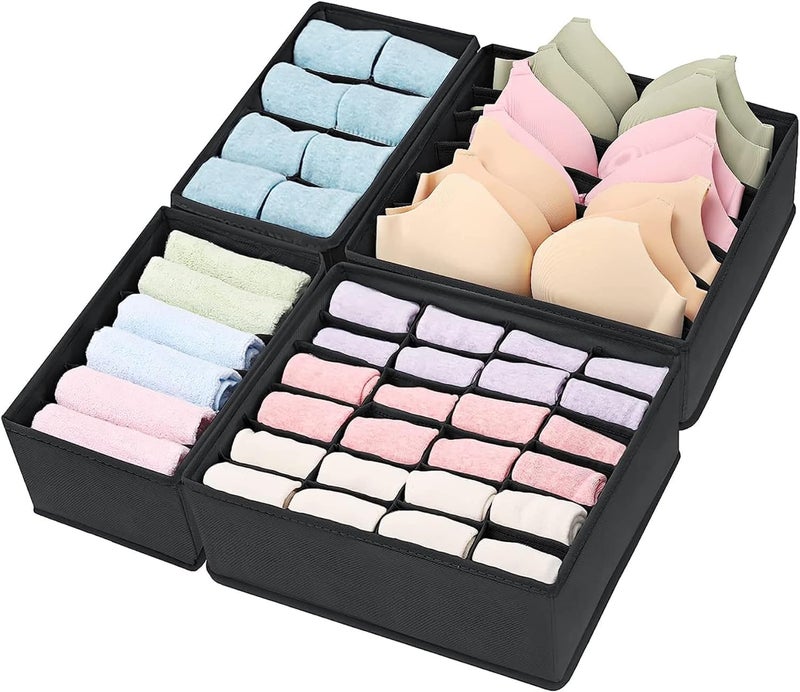 WOX MOX WOX MOX Set of 4 Foldable Storage Box Drawer Divider Organizer Closet Storage for Socks Bra Tie Scarfs Black Fabric Nonwoven  - Image 1