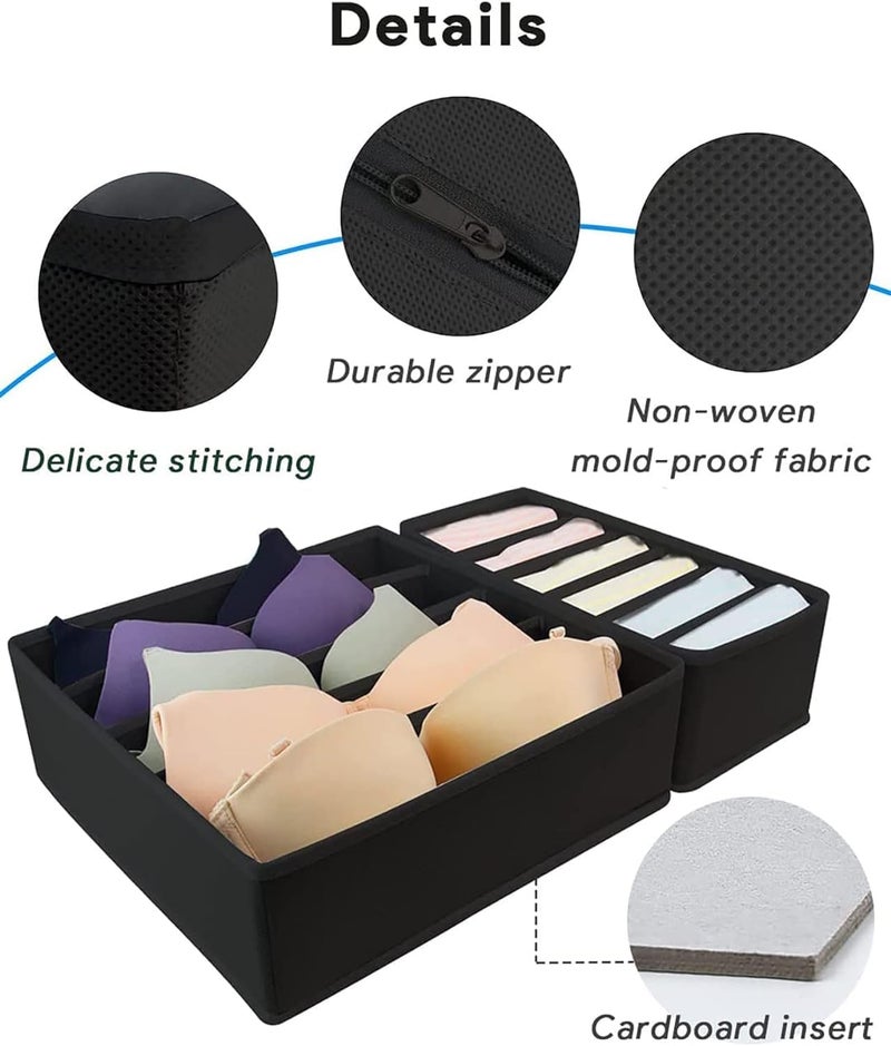 WOX MOX WOX MOX Set of 4 Foldable Storage Box Drawer Divider Organizer Closet Storage for Socks Bra Tie Scarfs Black Fabric Nonwoven  - Image 2
