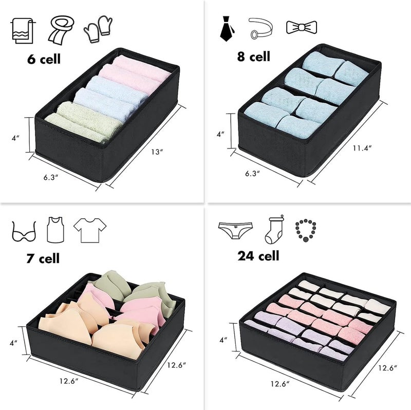 WOX MOX WOX MOX Set of 4 Foldable Storage Box Drawer Divider Organizer Closet Storage for Socks Bra Tie Scarfs Black Fabric Nonwoven  - Image 3