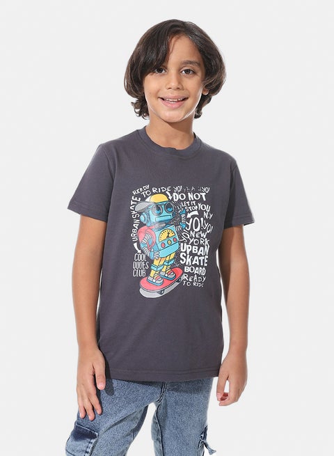 Regular Fit Printed Boys T-Shirt_Dark Grey