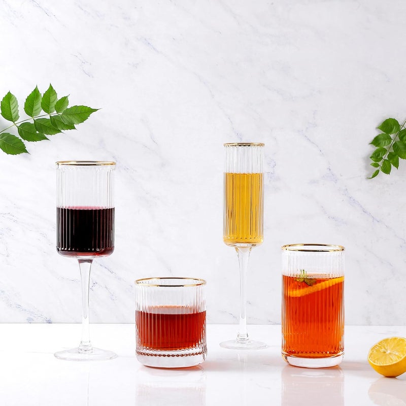 Lysenn Wine Glasses, Ribbed and Fluted Vintage Glassware Set Includes Wine Glasses, Champagne Glasses, Whiskey Glasses and Highball Glasses for Christmas or Wedding Party, Set of 4 - Image 2
