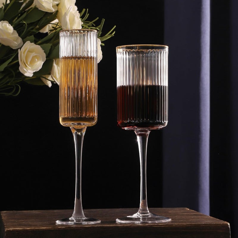 Lysenn Wine Glasses, Ribbed and Fluted Vintage Glassware Set Includes Wine Glasses, Champagne Glasses, Whiskey Glasses and Highball Glasses for Christmas or Wedding Party, Set of 4 - Image 5