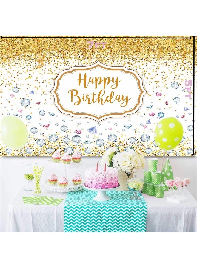 Artist Unknown Gold and White Backdrop for Girls Women Sweet 16 21st Happy Birthday,5x7ft Glitter Diamond Party Decorations Supplies Sequin Dots Durable Fabric Large Photography Background - Image 3