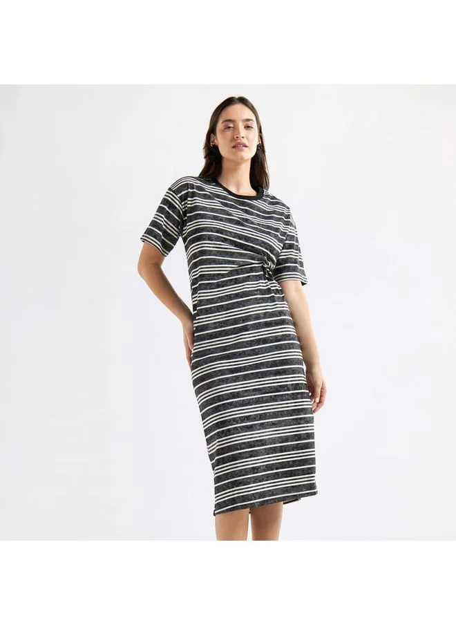 FAV Striped Round Neck Dress with Short Sleeves and Knot Detail