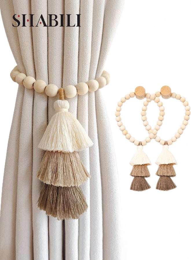 SHABILI Magnetic Curtain Tie Backs with Wooden Beads, Curtain Buckles Drapes Clips for Bedroom, Balcony, Living Room, Handmade with Polyester Yarn, Strong Magnetic Design, Simple Elegant Décor - Image 1