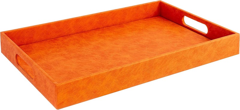 Home Redefined Beautiful Modern Elegant 18x12 Rectangle Orange Faux Leather Decorative Tray Ottoman Coffee Table Perfume Living Room Kitchen Serving Tray with Handles for All Occasions - Image 1