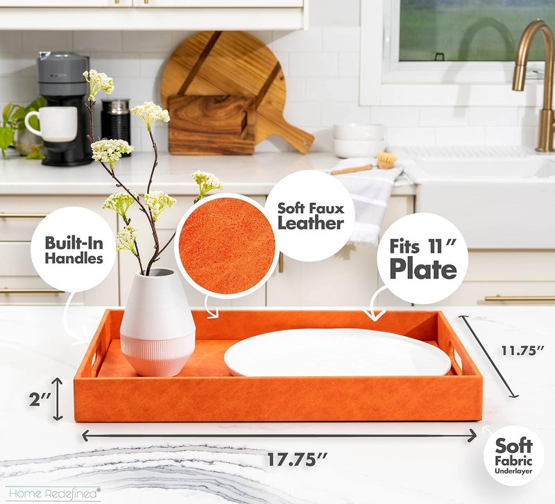 Home Redefined Beautiful Modern Elegant 18x12 Rectangle Orange Faux Leather Decorative Tray Ottoman Coffee Table Perfume Living Room Kitchen Serving Tray with Handles for All Occasions - Image 3