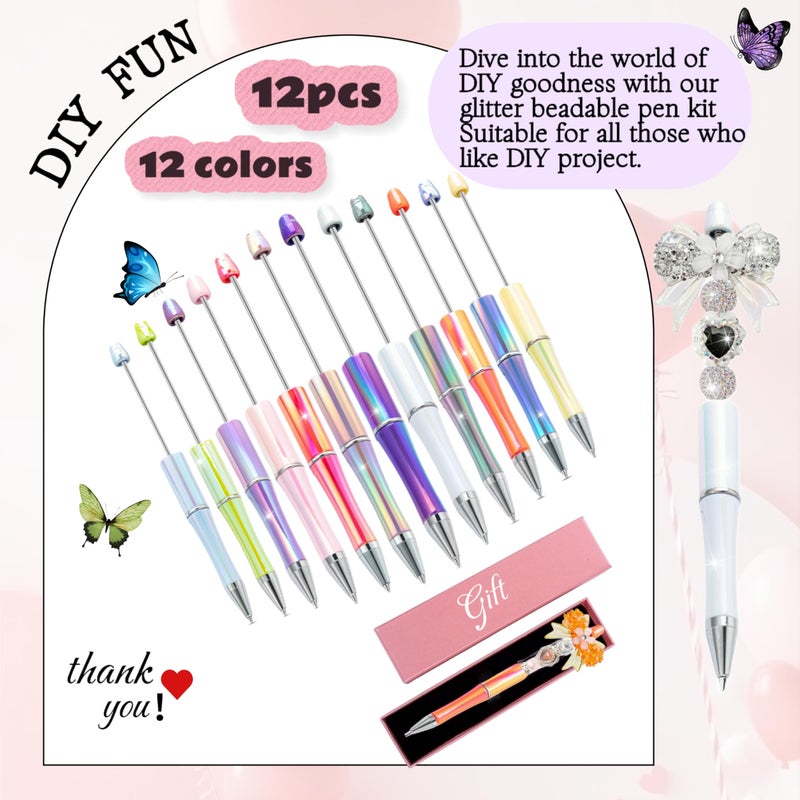 KUNHEHO Beadable Pens 12 Pcs Gradient Colors Shiny Fancy Pens Bulk for Women Focal Beads Pens Retractable Ballpoint Cool Cute Pens for Tween Girls DIY Small Thank You Gifts - Image 4