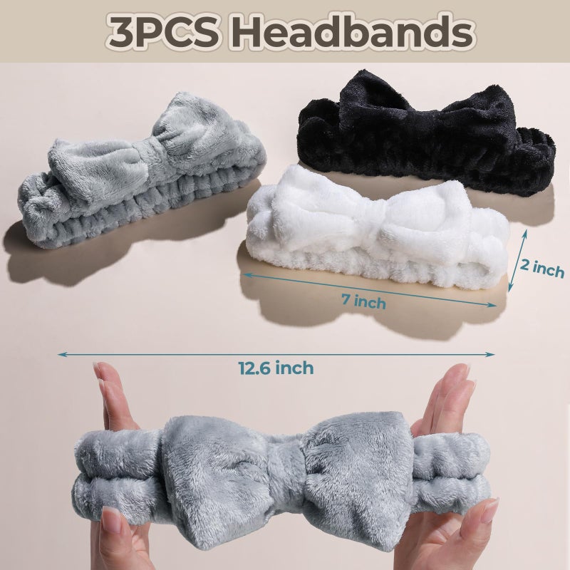 LEOBRO Spa Headband, 6pcs Makeup Headbands and Hair Scrunchies, Bow Skin Care Headband for Washing Face for Teen Girls Women, Easter Basket Valentines Gifts for Girls, Black & White & Gray - Image 3