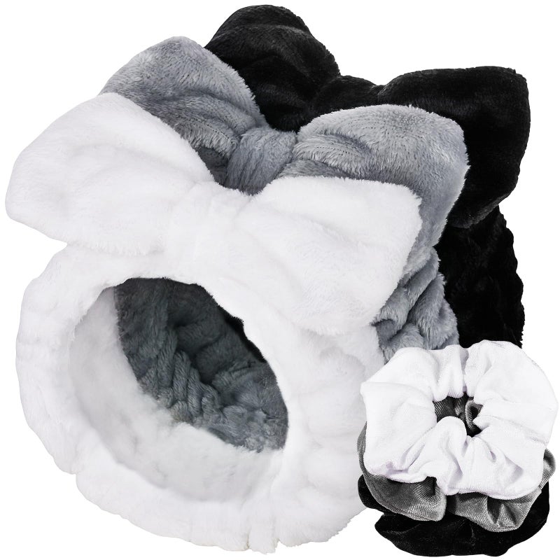 LEOBRO Spa Headband, 6pcs Makeup Headbands and Hair Scrunchies, Bow Skin Care Headband for Washing Face for Teen Girls Women, Easter Basket Valentines Gifts for Girls, Black & White & Gray - Image 1