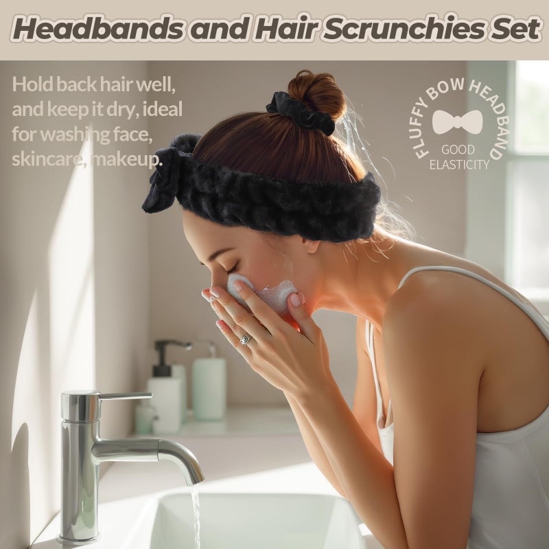 LEOBRO Spa Headband, 6pcs Makeup Headbands and Hair Scrunchies, Bow Skin Care Headband for Washing Face for Teen Girls Women, Easter Basket Valentines Gifts for Girls, Black & White & Gray - Image 2