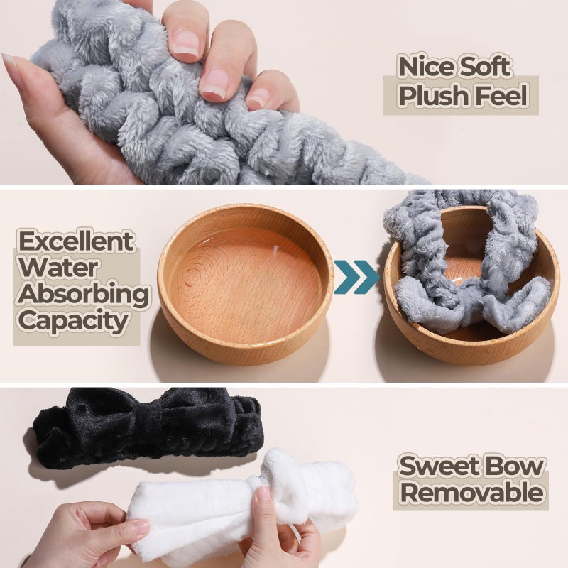 LEOBRO Spa Headband, 6pcs Makeup Headbands and Hair Scrunchies, Bow Skin Care Headband for Washing Face for Teen Girls Women, Easter Basket Valentines Gifts for Girls, Black & White & Gray - Image 5