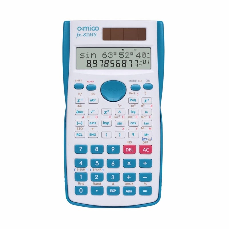 Amigo fx-82MS Scientific Calculator, 2 Line Display, LCD Display with Solar Power (Cyan) - Image 1