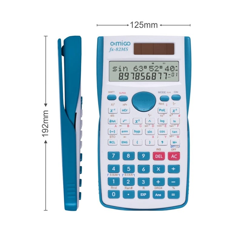 Amigo fx-82MS Scientific Calculator, 2 Line Display, LCD Display with Solar Power (Cyan) - Image 2