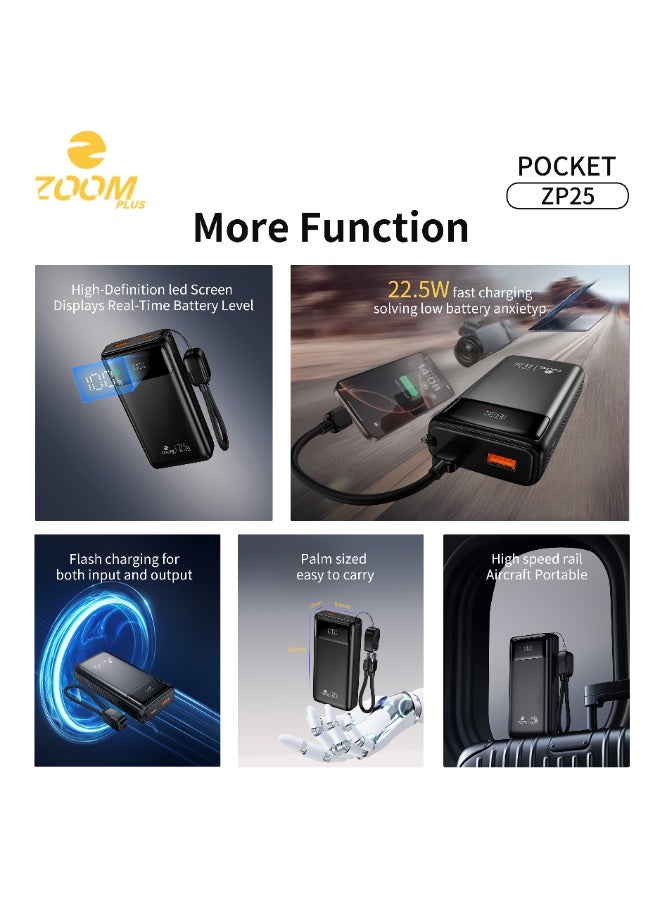 ZOOM PLUS ZP25 Pocket Power Bank 10000mAh – 22.5W PD Fast Charging Portable Charger with Built-in Cable, Digital LED Display, Compact Battery Pack for iPhone, Samsung, Android & USB Devices - Image 2