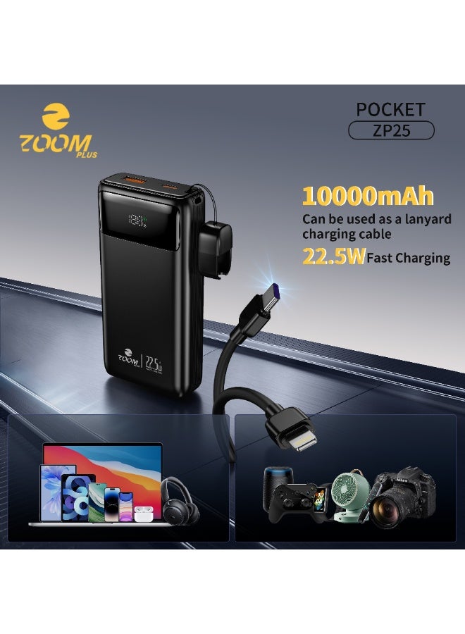 ZOOM PLUS ZP25 Pocket Power Bank 10000mAh – 22.5W PD Fast Charging Portable Charger with Built-in Cable, Digital LED Display, Compact Battery Pack for iPhone, Samsung, Android & USB Devices - Image 1