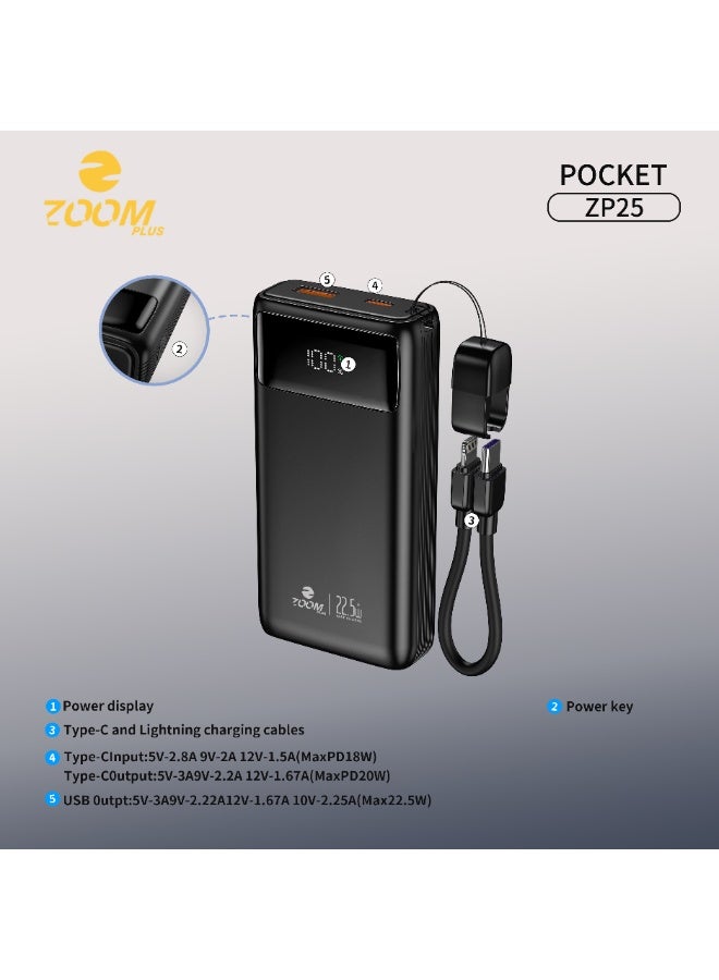 ZOOM PLUS ZP25 Pocket Power Bank 10000mAh – 22.5W PD Fast Charging Portable Charger with Built-in Cable, Digital LED Display, Compact Battery Pack for iPhone, Samsung, Android & USB Devices - Image 3