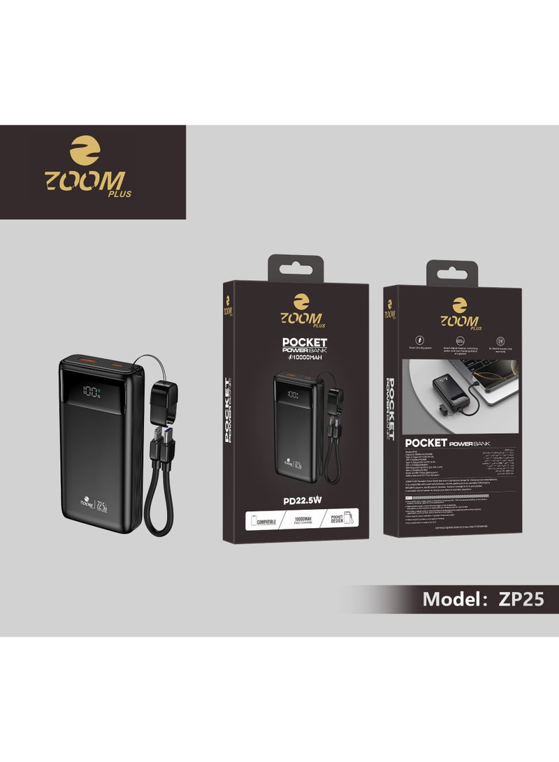 ZOOM PLUS ZP25 Pocket Power Bank 10000mAh – 22.5W PD Fast Charging Portable Charger with Built-in Cable, Digital LED Display, Compact Battery Pack for iPhone, Samsung, Android & USB Devices - Image 4