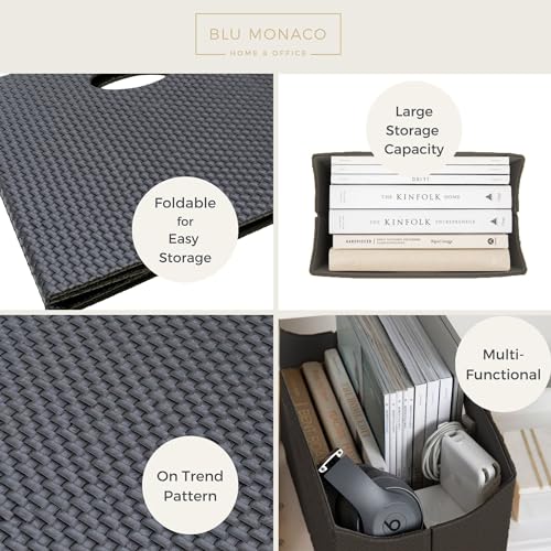 BLU MONACO Black Magazine Holder - Woven Leather Magazine Basket with Handles - Stylish Rack for Floor or Table - Perfect for Coffee Table, Side Table, Living Room, Reception Desk, or Bathroom - Image 4