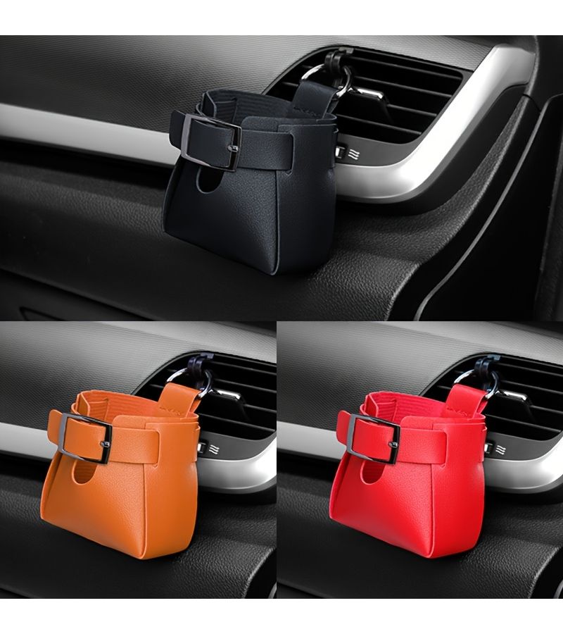 Red PU Leather Car Air Vent Storage Box For Phone Glasses Water Bottle - Image 5